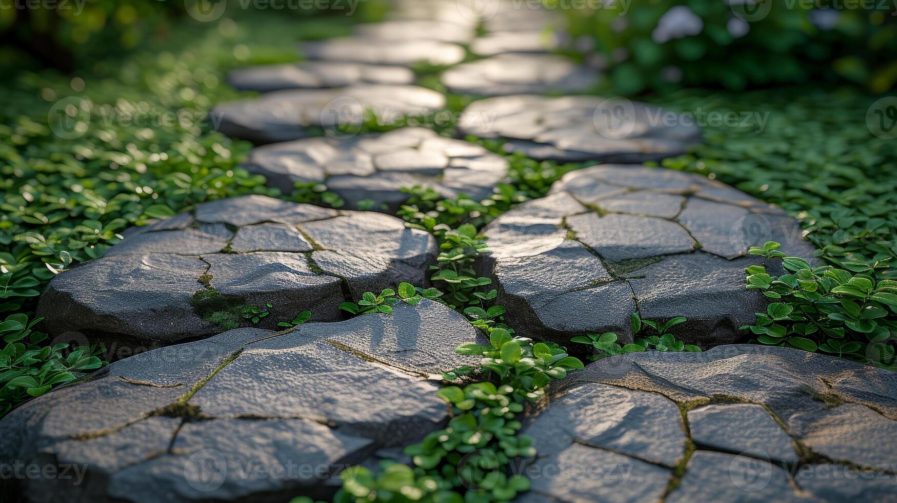 AI Generated Grass grows up between the stones on a garden stone path. Detail of a botanical garden. photo
