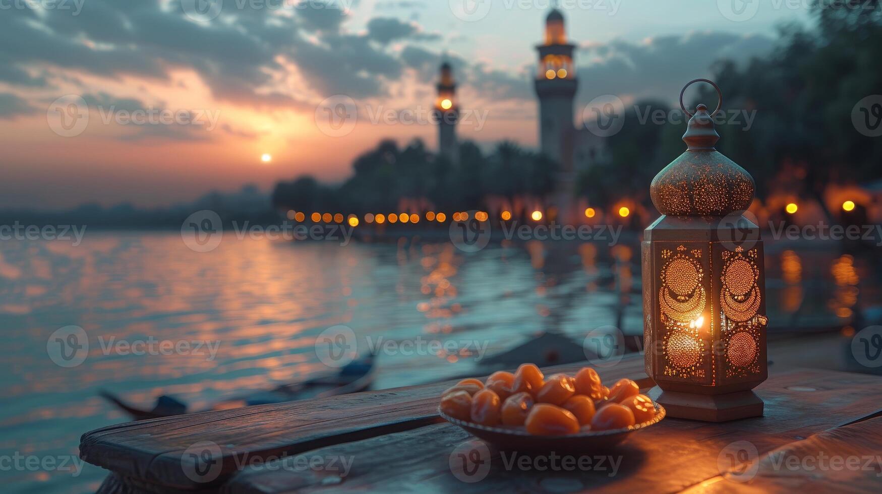 AI Generated The Muslim feast of Ramadan Kareem is celebrated by lighting a lantern with a moon symbol on top and serving dates fruit on a small plate with an urban bokeh light background. photo