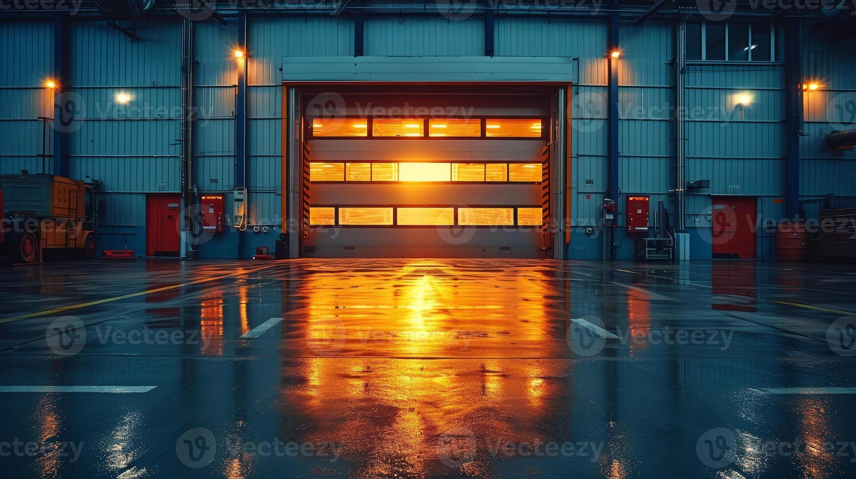AI Generated Using roller shutters or roller doors for factories, warehouses and hangars. Showing products or providing an industry background using polished concrete floors and closed doors. photo