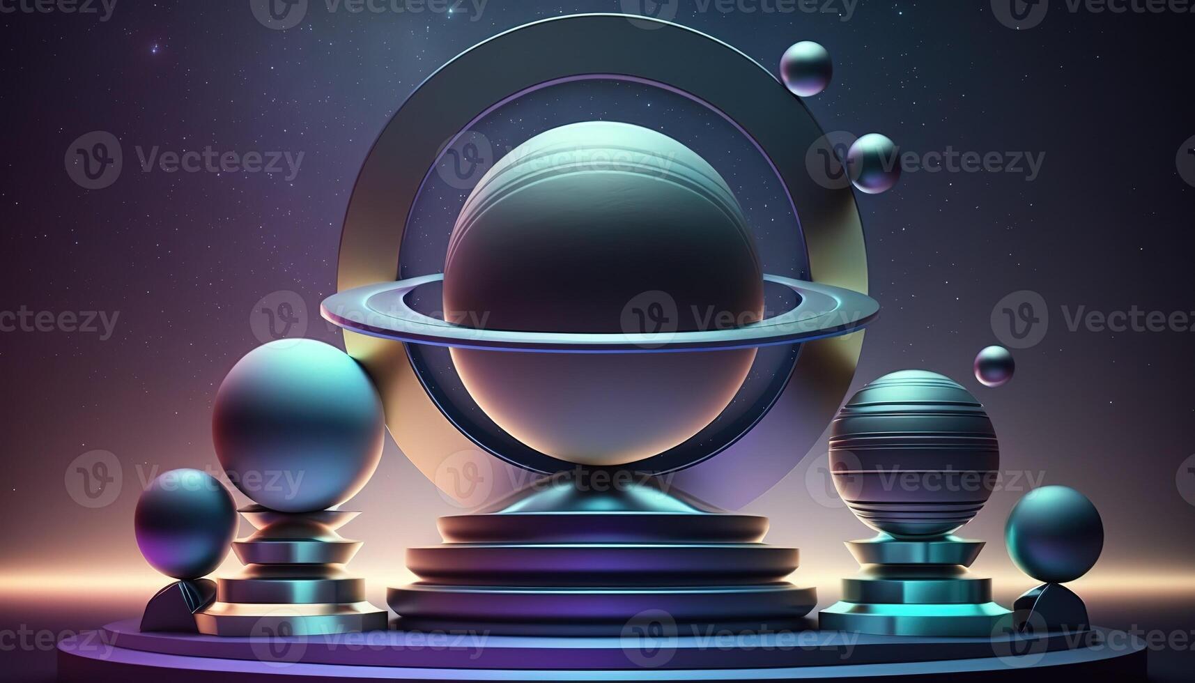 AI Generated Futuristic portal. Science fiction podium, pedestal, platform. Modern empty cyberpunk space. Technological background. Sky-fi digital hi-tech elements for presentation product. AI photo