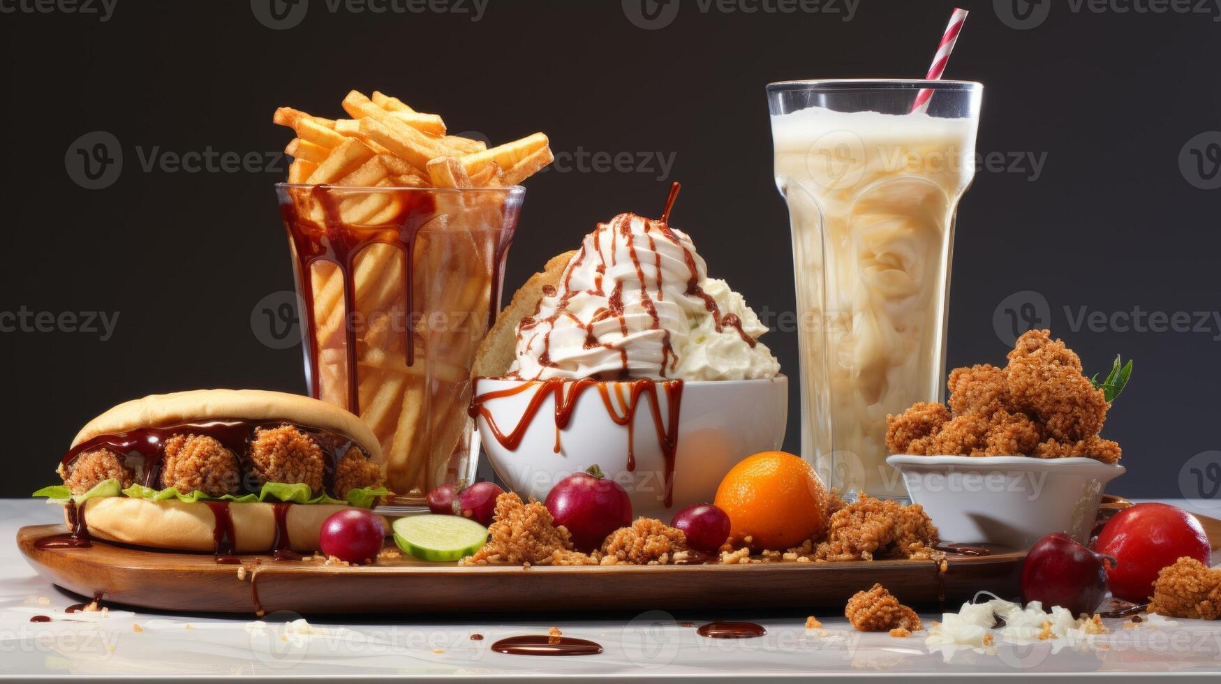 AI Generated The fast food items of fried chicken, shawarma, taco, hamburger, fires, chocolate ice-cream, and cold coffee are isolated on a white background. photo