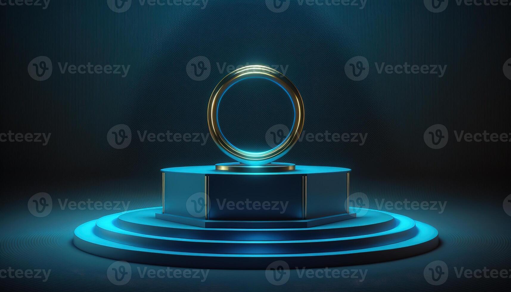 AI Generated Futuristic portal. Science fiction podium, pedestal, platform. Modern empty cyberpunk space. Technological background. Sky-fi digital hi-tech elements for presentation product. AI photo