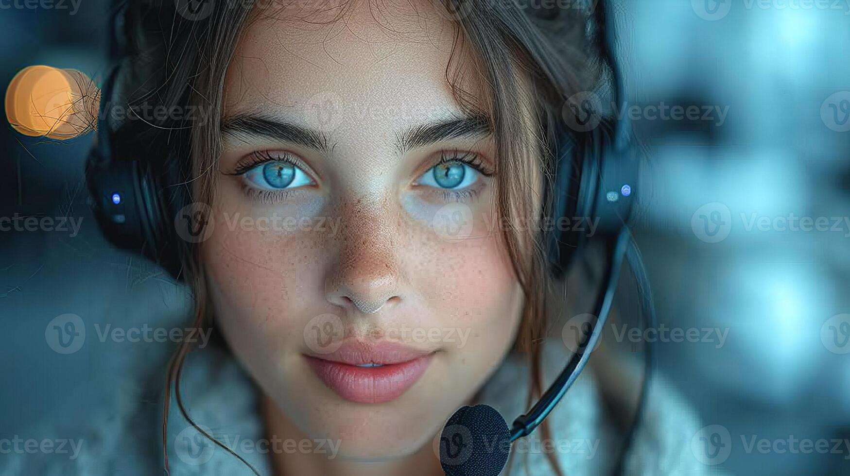AI Generated In a call center, a woman wears a headset while working. photo