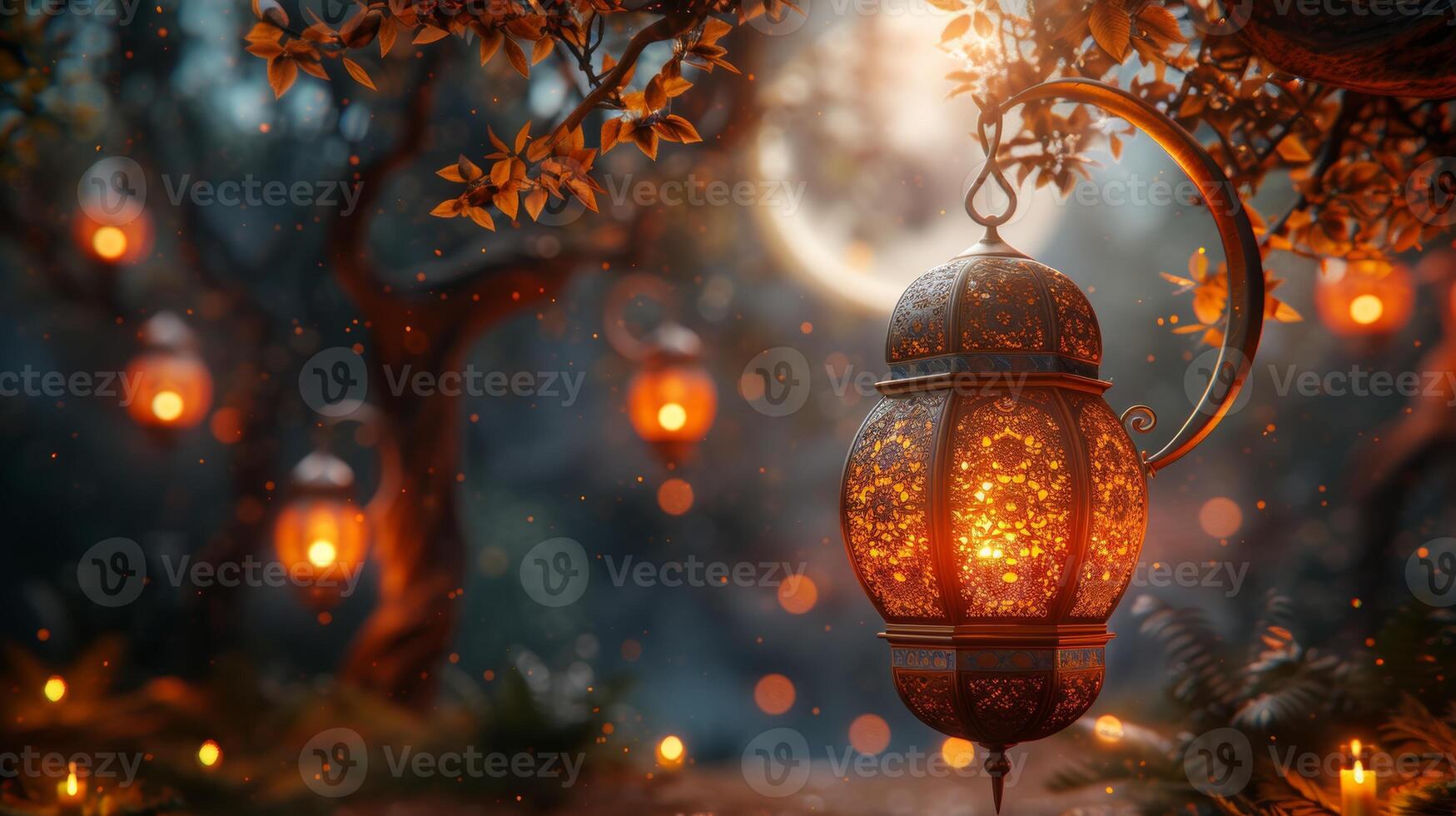AI Generated The background has an Islamic decoration with lanterns and crescent moons in luxury style, which can be used for ramadan kareem, mawlid, iftar, Isra Miraj, Eid al Fitr adha, Muharram, and photo