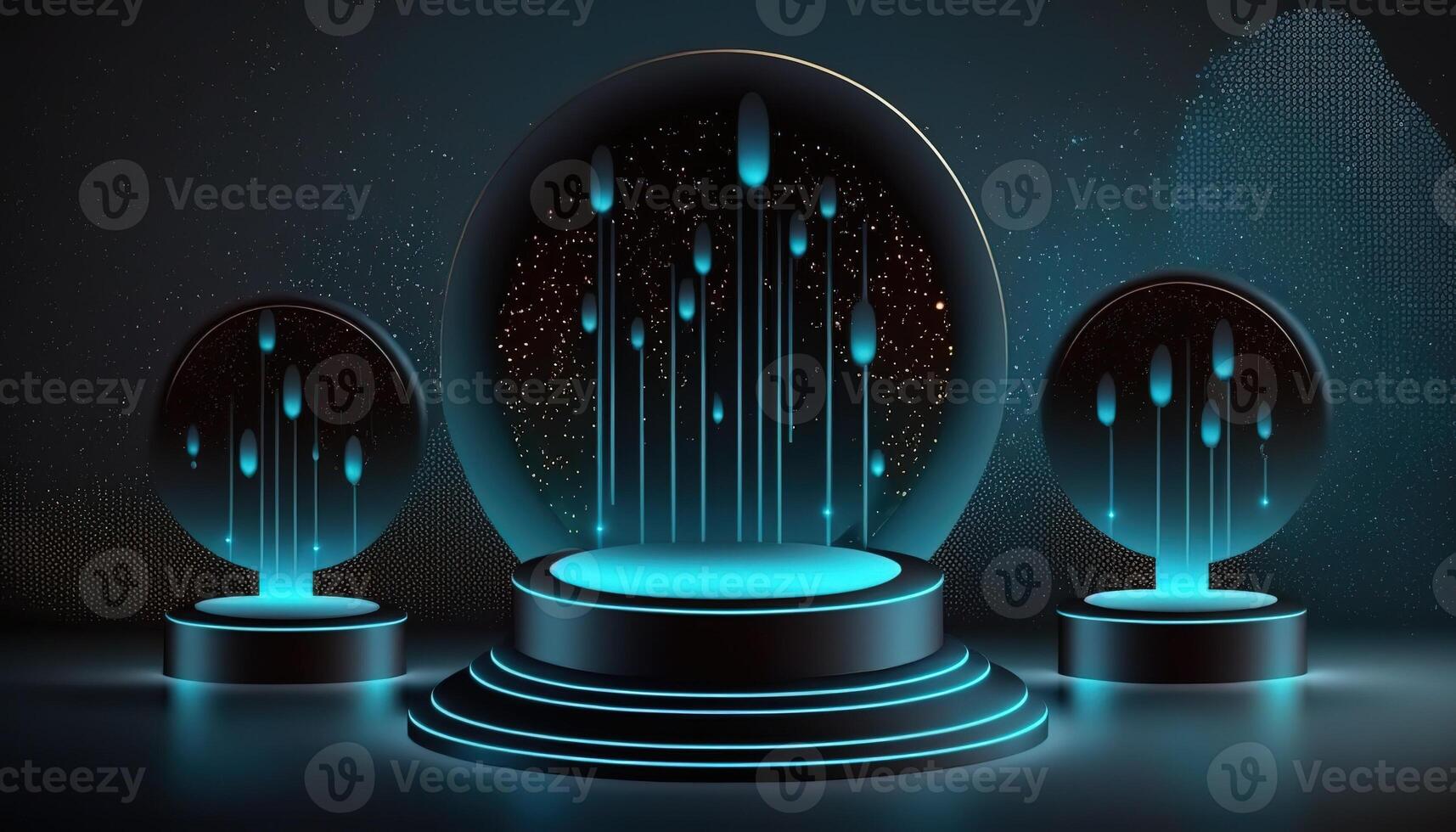 AI Generated Futuristic portal. Science fiction podium, pedestal, platform. Modern empty cyberpunk space. Technological background. Sky-fi digital hi-tech elements for presentation product. AI photo