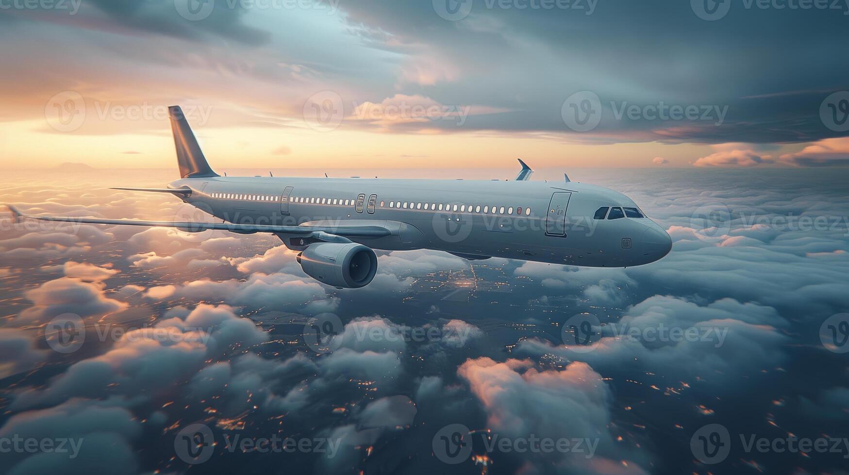 AI Generated Airplane in flight with bokeh background from a perspective photo