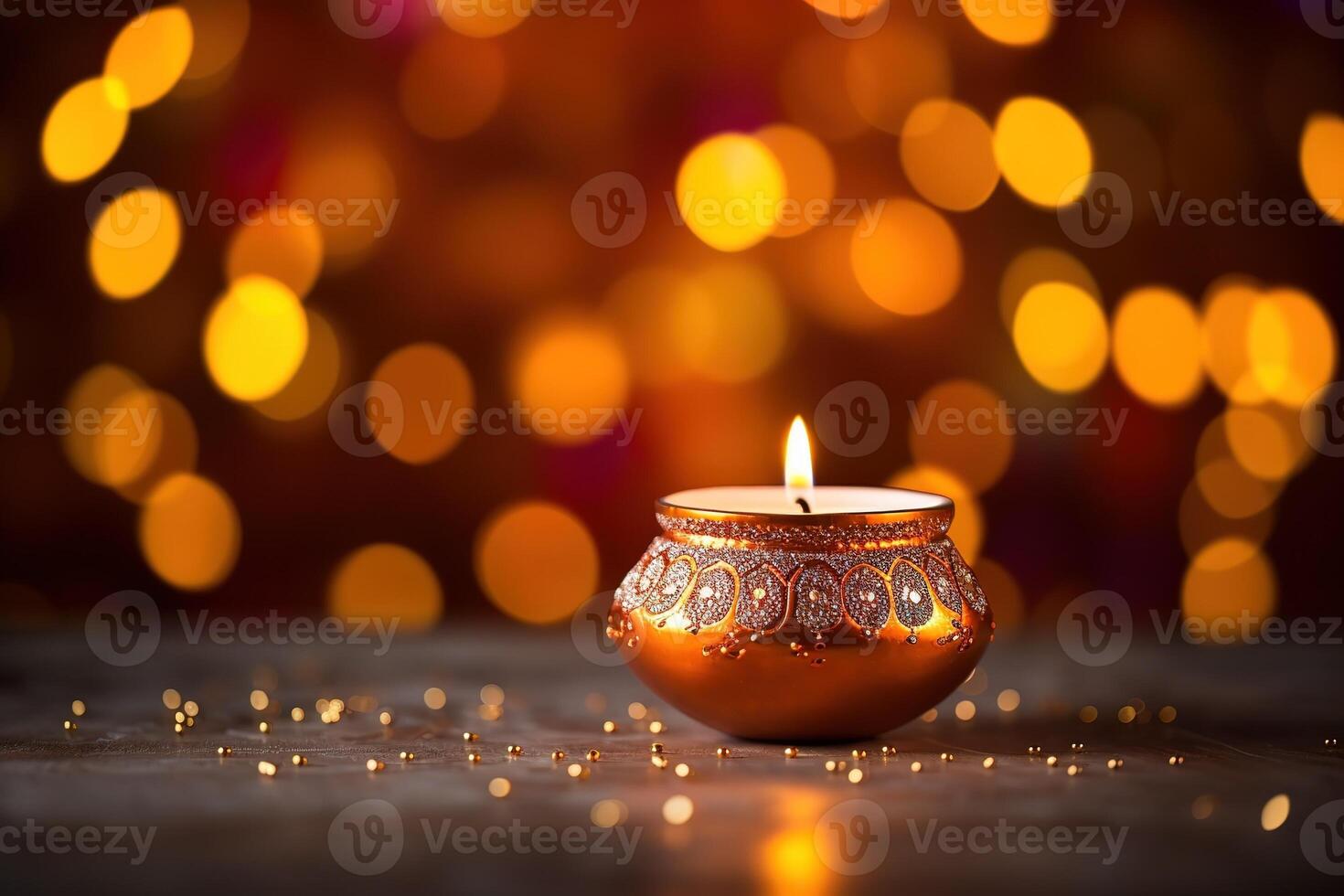 AI Generated Diya lights lamps on multicolored rangoli. photo