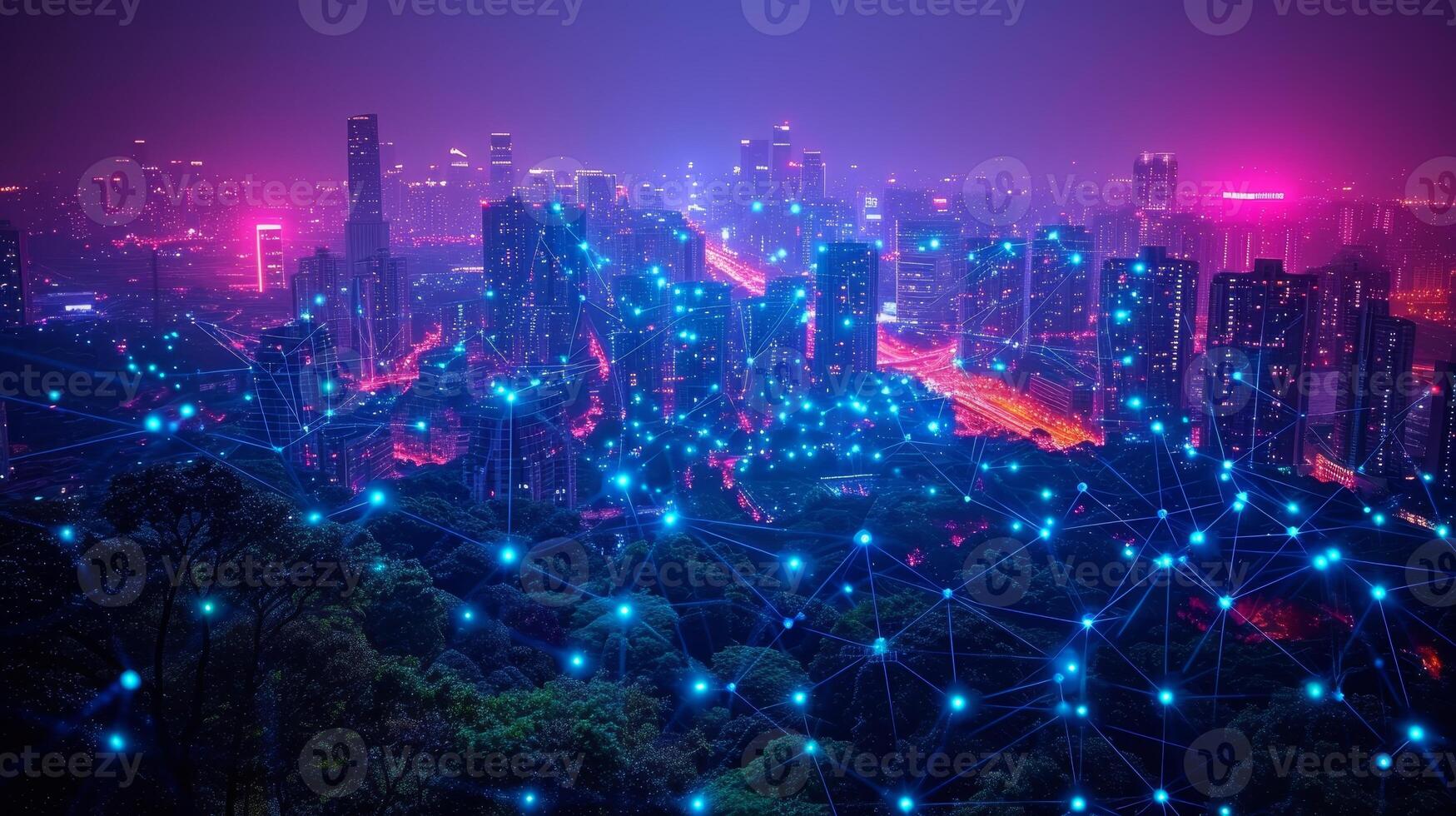 AI Generated A modern city with wireless network connection and a cityscape concept. Wireless network and connection technology concept with a night-time city backdrop. photo