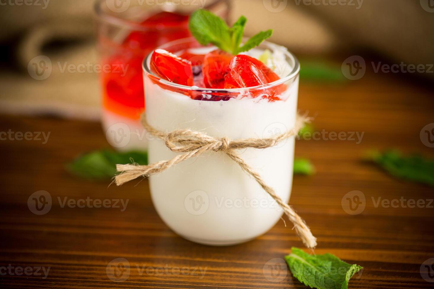 homemade sweet yogurt with fruit jelly pieces photo