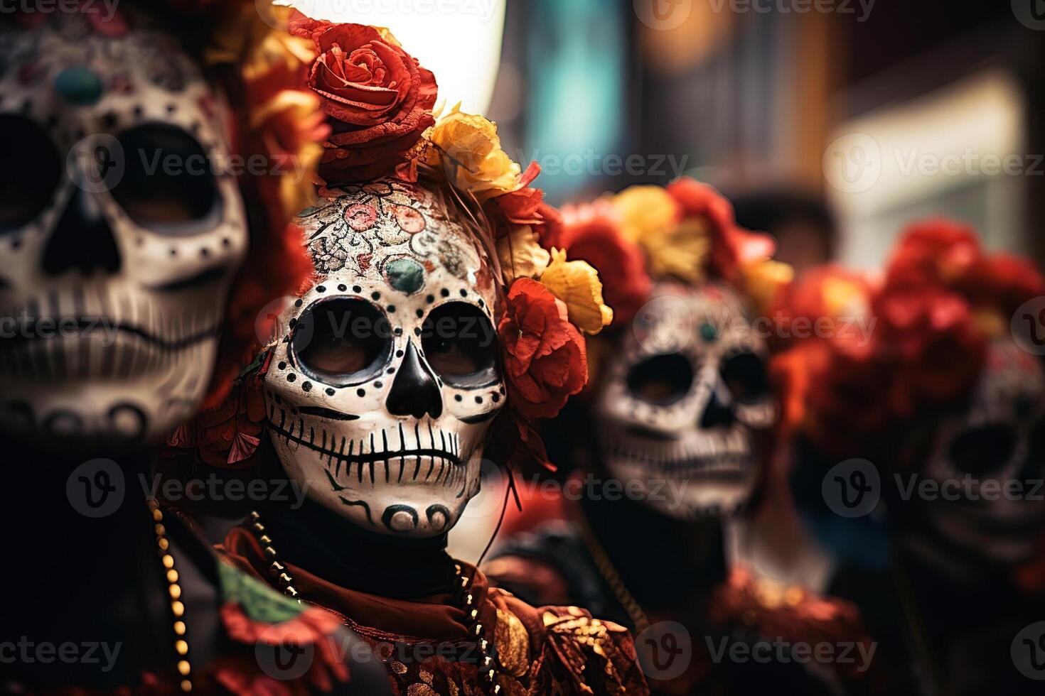 ai generado personas a el celebracion de el día de el muerto foto