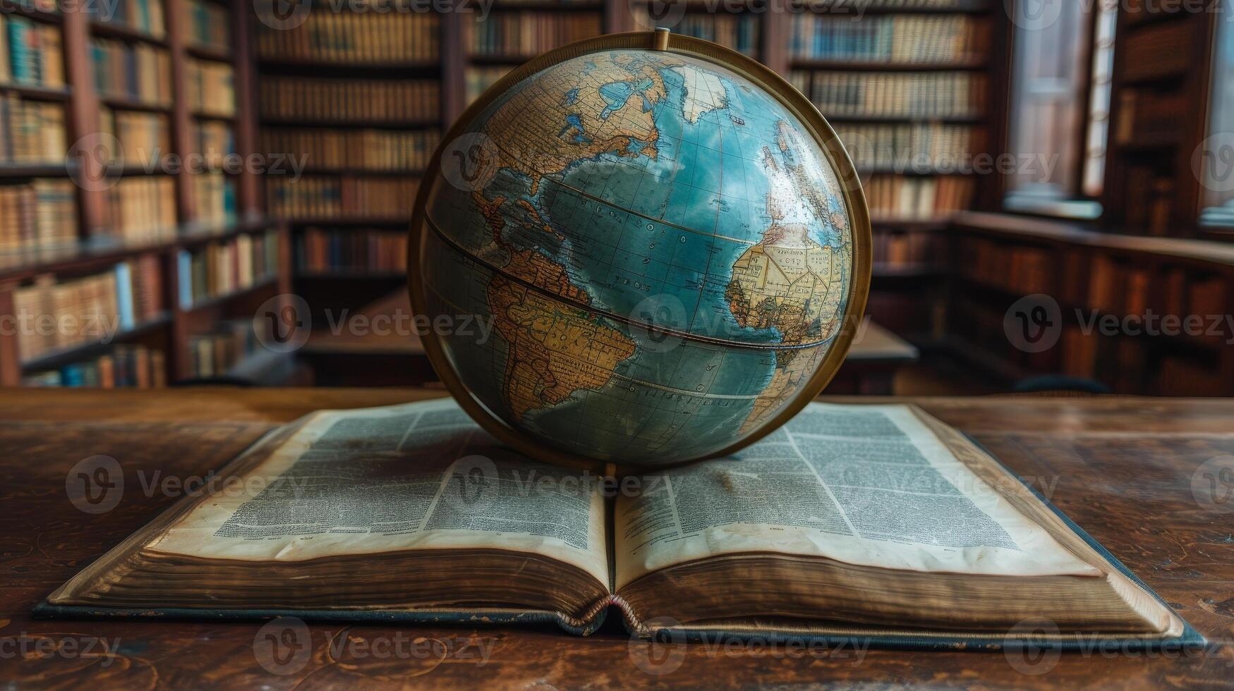 AI Generated An old globe lies on a book in a library. Retro style. Science, education, travel, vintage background. Education history and geography team. photo
