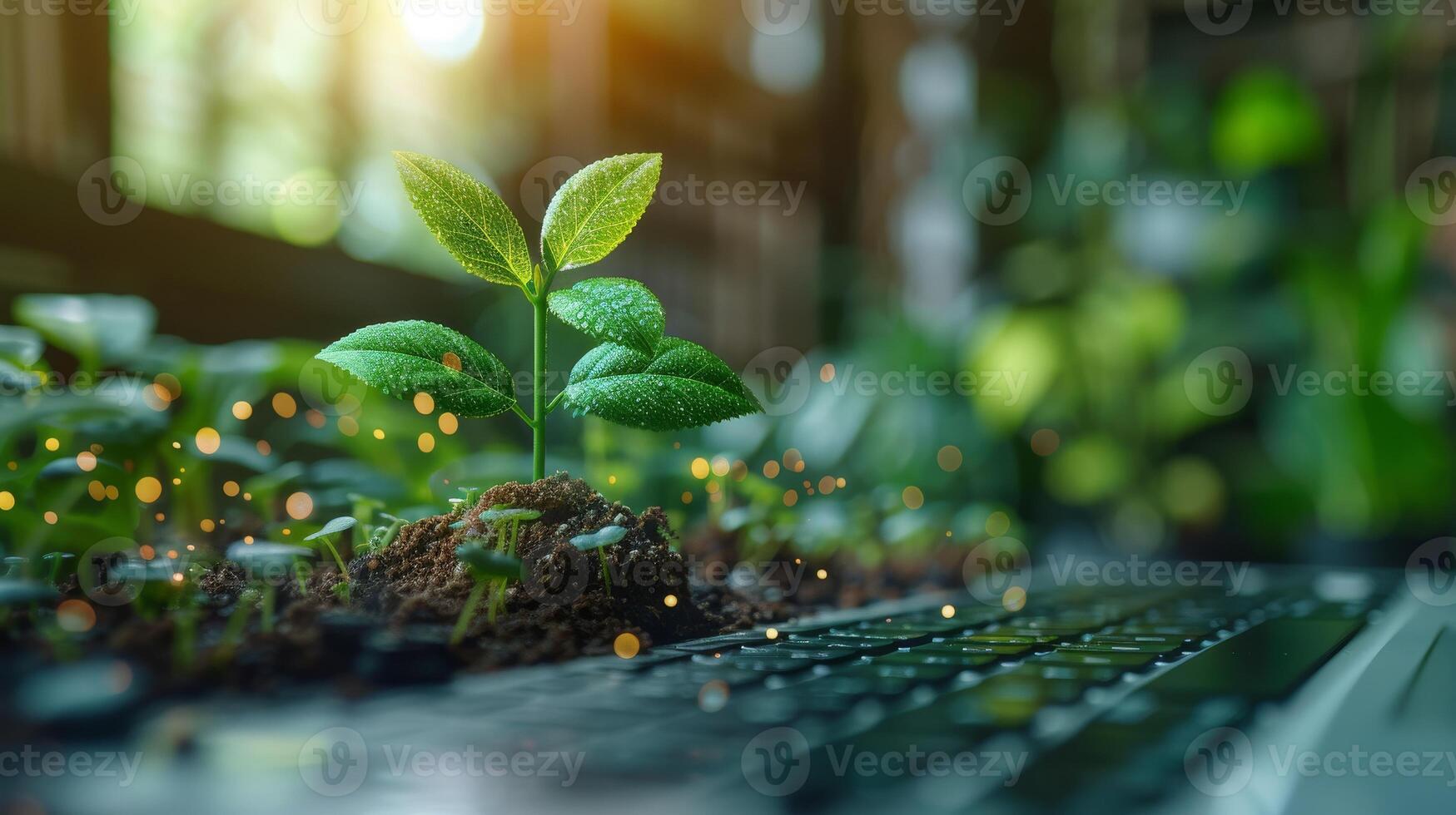 AI Generated A laptop with ESG environmental social governance displayed on the background of an eco-friendly company meeting with business people implementing environmental protection for a photo