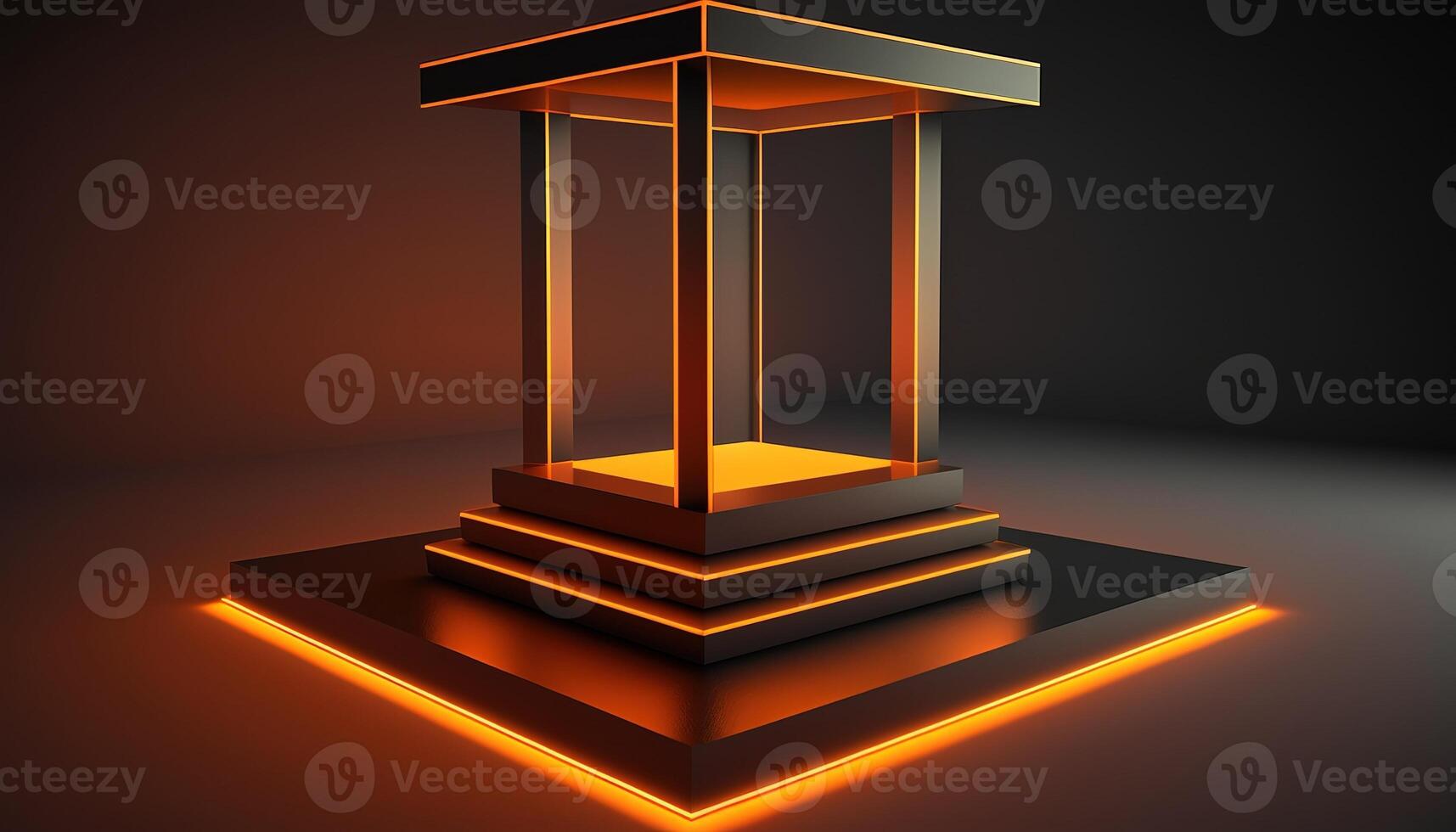 AI Generated Futuristic portal. Science fiction podium, pedestal, platform. Modern empty cyberpunk space. Technological background. Sky-fi digital hi-tech elements for presentation product. AI photo