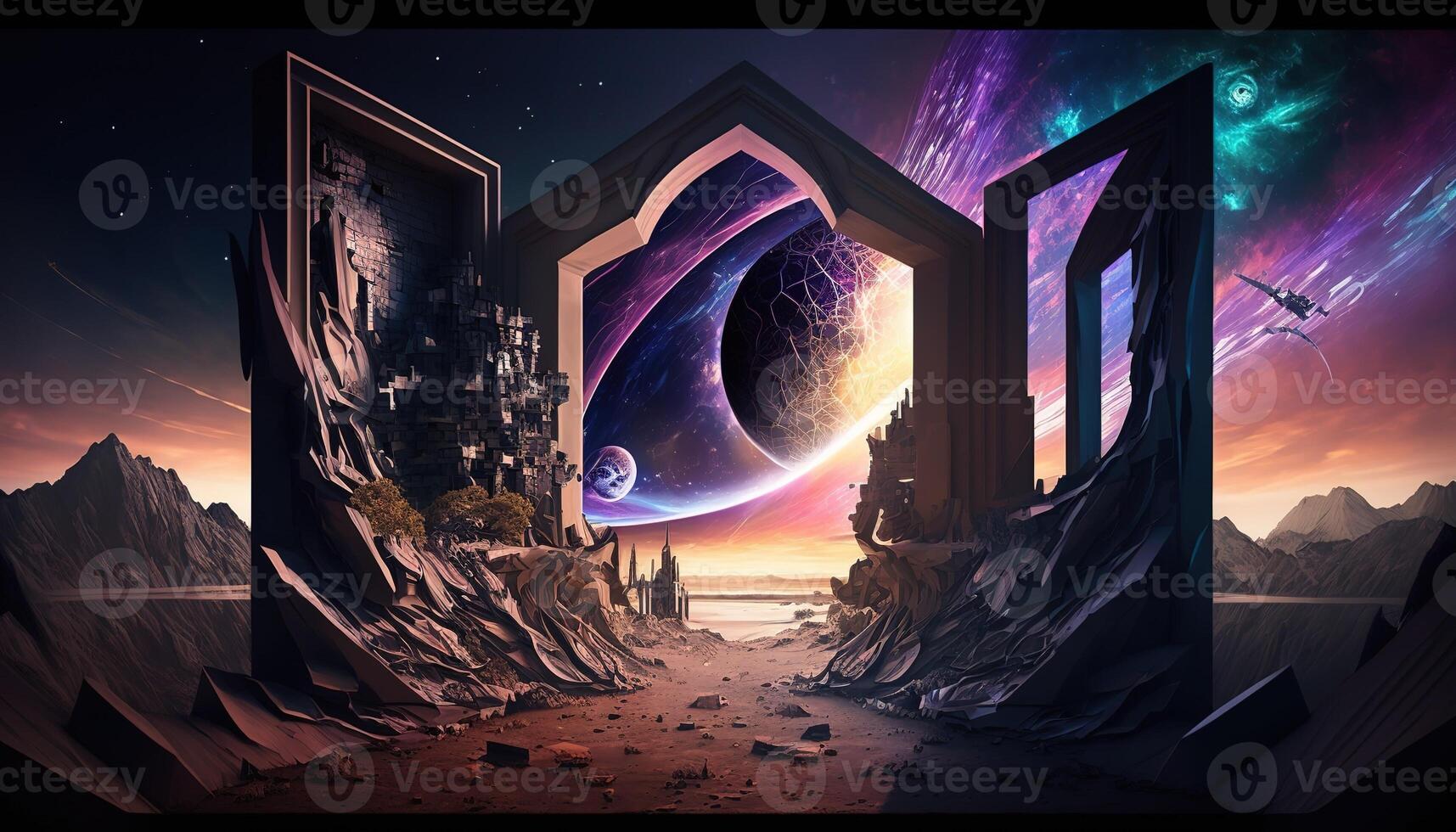 AI Generated The split of the city and the cosmos, the gateway to the metaverse.AI photo
