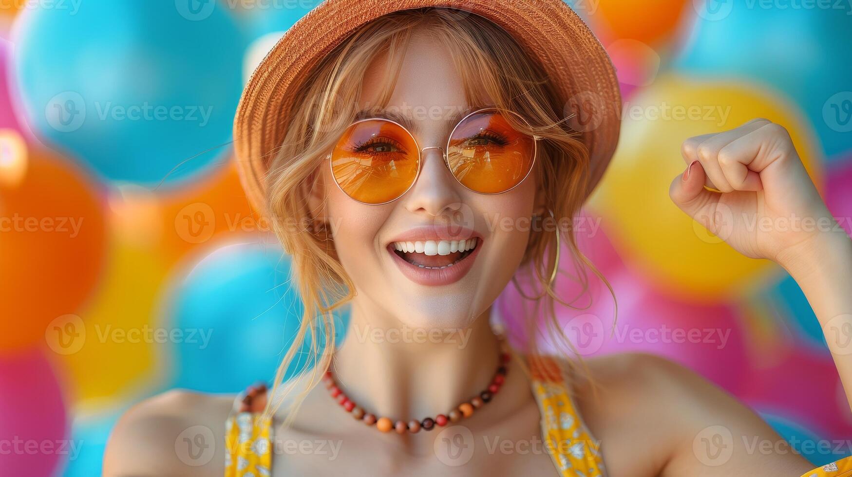AI Generated Woman shouts aloud yes fist up raises win lottery against bright shine background photo