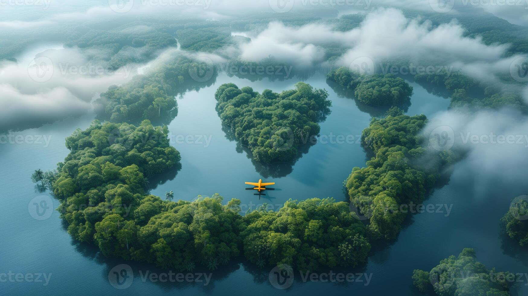 AI Generated Aerial view of dense rainforest vegetation with lakes shaped like world continents, clouds and a yellow airplane. photo