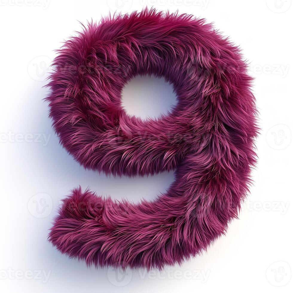 AI generated A close-up view of a number 9 characterized by its soft, furry texture and vibrant purple color, standing out against a pristine white backdrop. photo