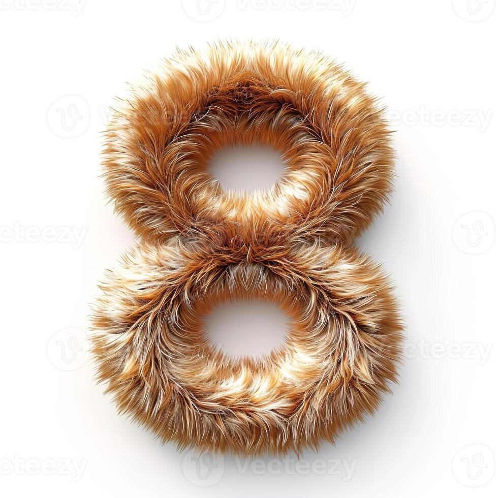AI generated a unique digit 8, covered in a dense, golden furry texture, prominently displayed against a pristine white backdrop. The fur is dense and has a golden brown color photo