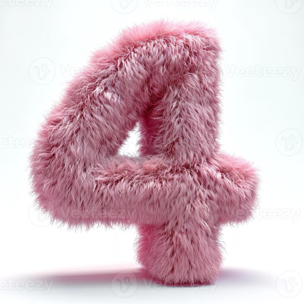 AI generated A vibrant, soft, fuzzy pink number 4 stands out against a pristine white backdrop, showcasing a unique textural visual experience. photo