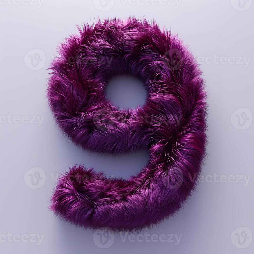 AI generated a vibrant purple furry texture forming a unique number nine that is isolated against a white background. The texture of the fur is soft and plush photo