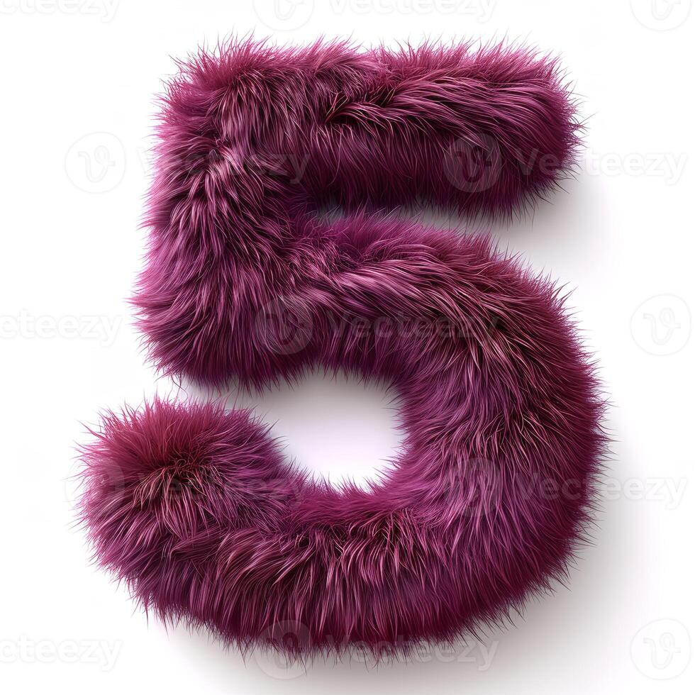 AI generated a fluffy, purple number 5 that is isolated against a white background. The texture of the fur is soft and inviting, with individual hairs visible photo