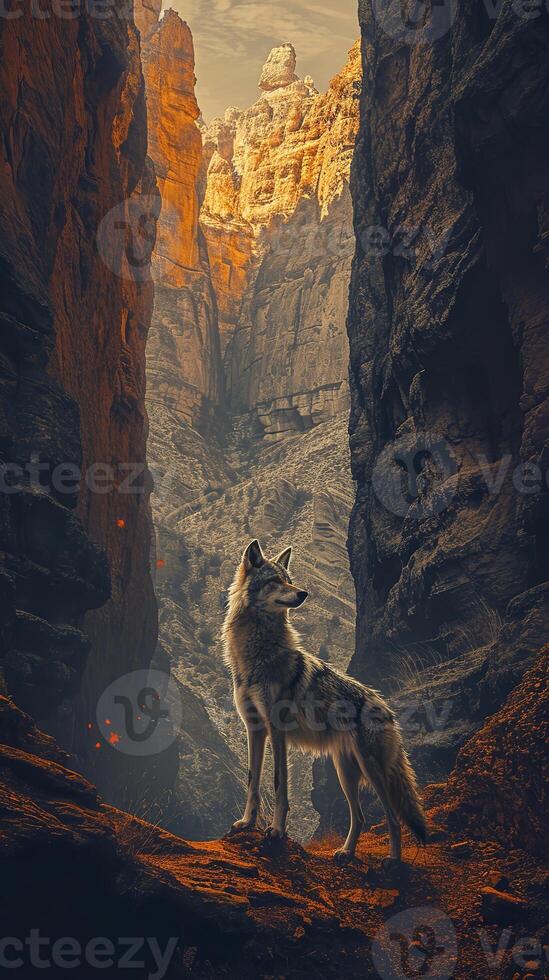 AI generated A lone wolf stands amidst towering canyon walls, basking in the ethereal glow of sunlight piercing through the rocky crevices. photo