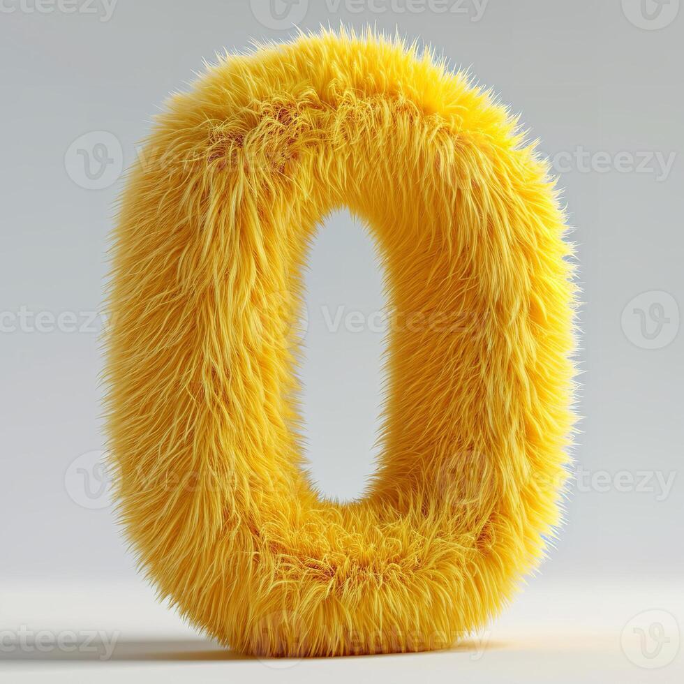 ai generado un brillante amarillo, peludo texturizado número cero soportes fuera con sus vibrante color y suave apariencia, exhibiendo un único y creativo diseño. foto