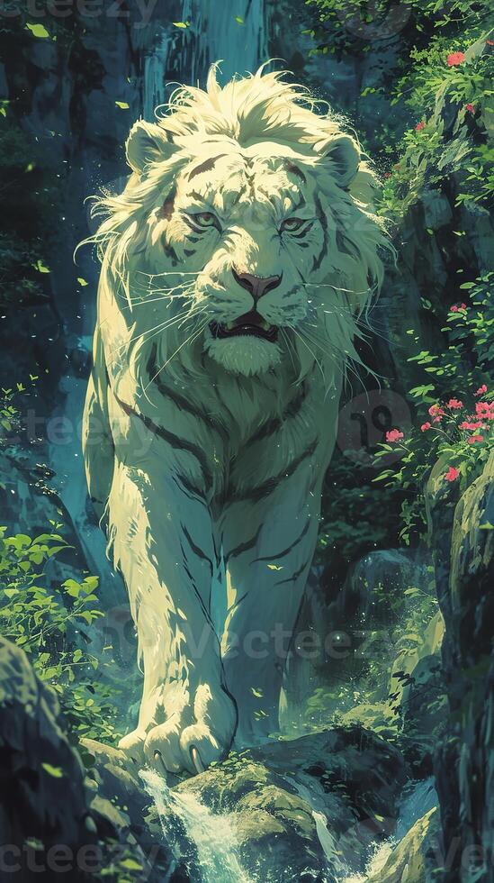 AI generated Majestic white lion amidst a lush green forest with blooming vibrant flowers and a serene waterfall. photo