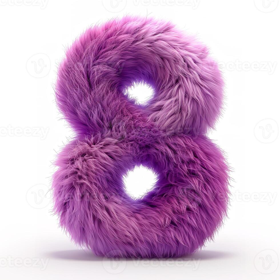 AI generated A vivid purple, furry textured number 8 stands out against a pristine white backdrop, showcasing a unique visual blend of color and texture. photo