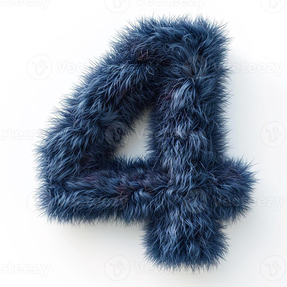 AI generated A vivid blue, furry number four displayed prominently against a pristine white backdrop, showcasing intricate texture details. photo