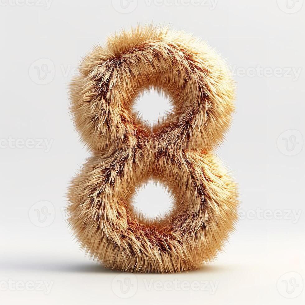 AI generated a unique depiction of the number 8 covered in detailed, realistic brown fur against a clean, white backdrop. The fur appears soft and fluffy with each strand of hair photo