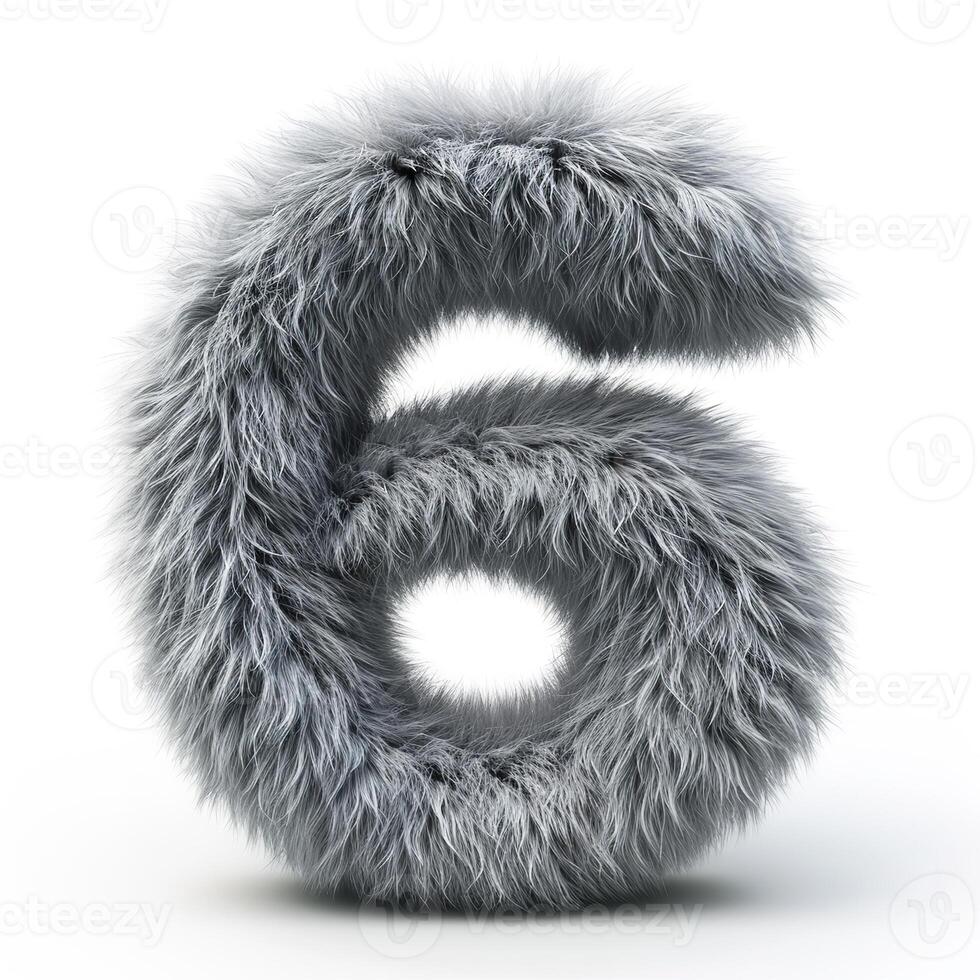 AI generated a unique depiction of the number six covered in a soft, grey, furry texture against a clean white backdrop. The fur appears soft and fluffy with varying shades of grey. photo