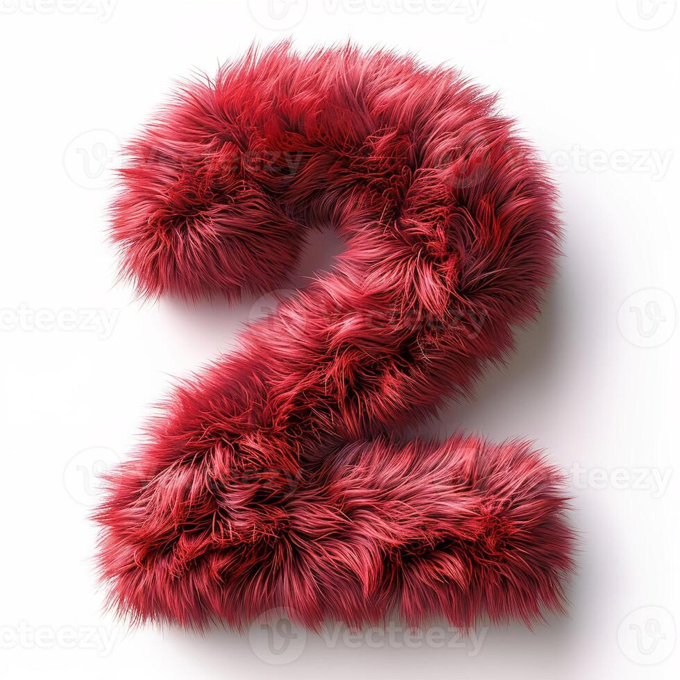 AI generated A number two, depicted in bold red with a soft, furry texture, stands out against a pristine white background. photo