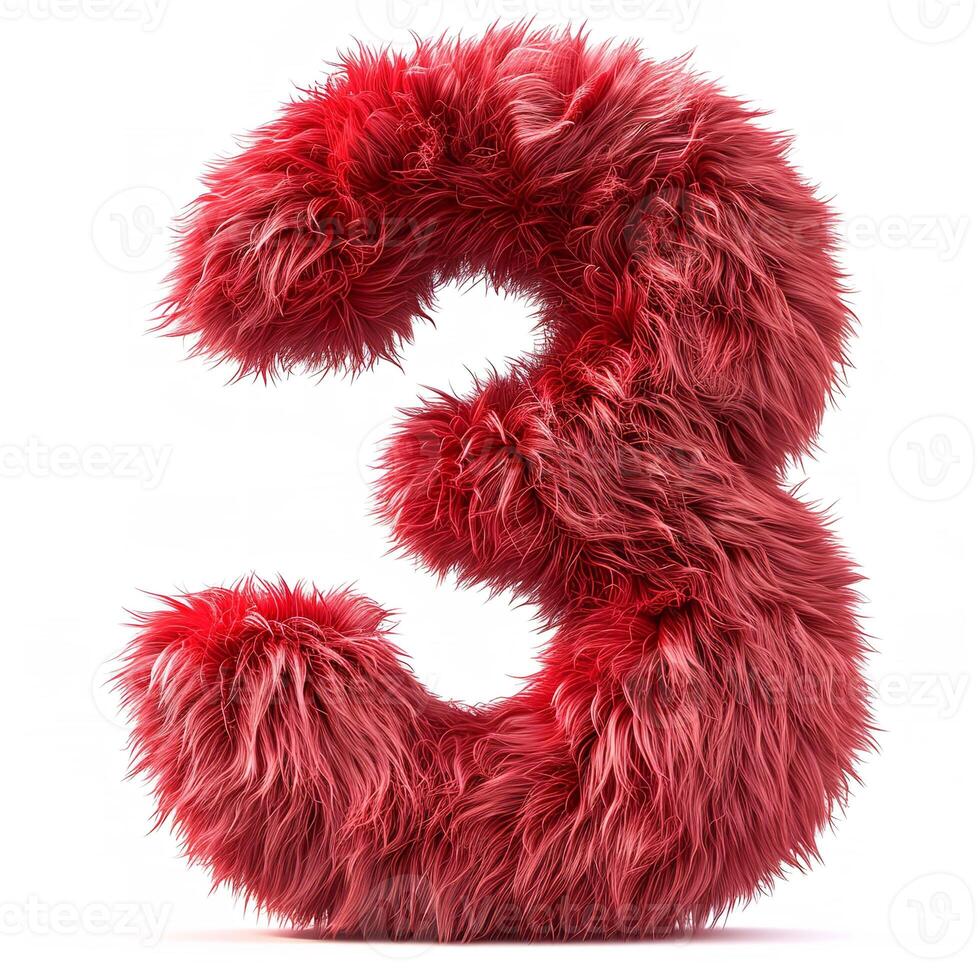AI generated A bold number three, covered in rich red fur, stands out against a pure white background. Each strand adds depth and dimension. photo