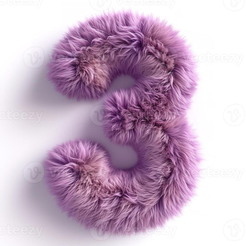 AI generated a vivid, fluffy, purple number three displayed prominently against a pristine white backdrop, showcasing intricate texture details. photo