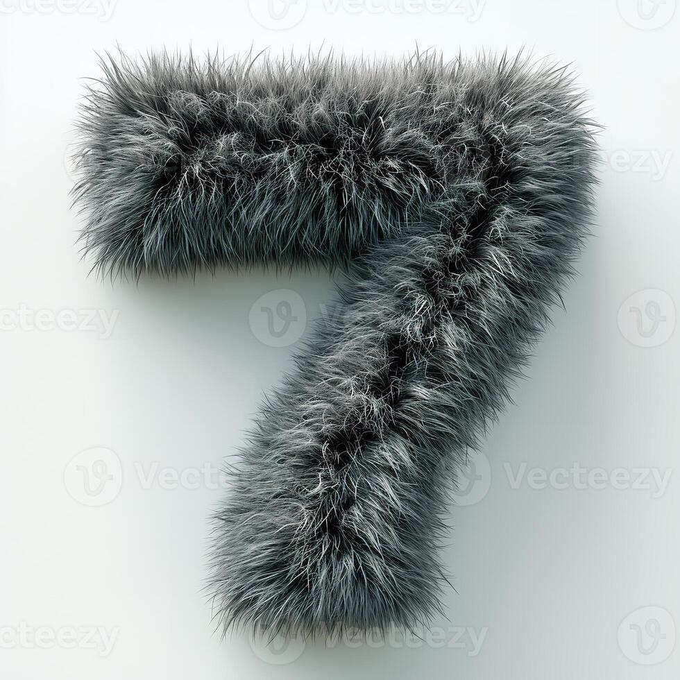 AI generated a number seven covered in dark grey fur, with individual hairs visible. The furry number is displayed against a plain white background, and shadows cast by the fur photo