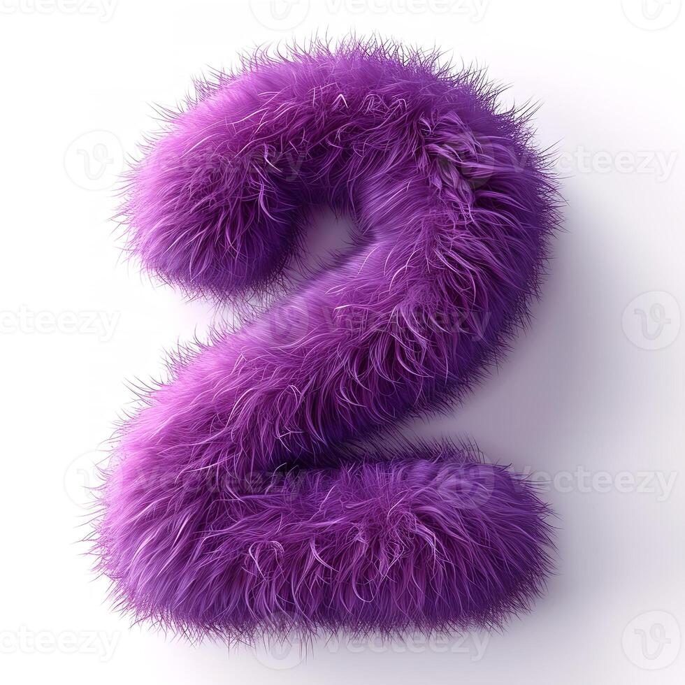 AI generated A bold, fluffy number two in vivid purple stands out against a pristine white backdrop, showcasing intricate textures and an eye-catching aesthetic appeal photo