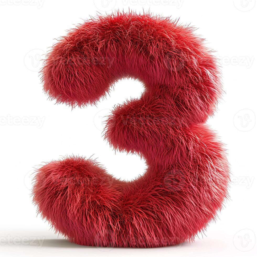 AI generated A vivid red, fluffy texture forms the number three. It's a creative, artistic representation of the numeral photo