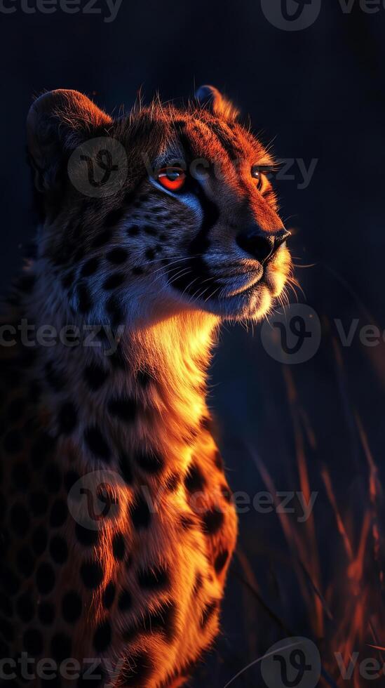 AI generated A majestic cheetah with glowing red eyes in the dark night. The animal's fur is beautifully illuminated by a subtle light source. photo