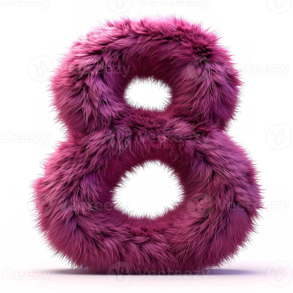 AI generated A vibrant, fluffy, purple number 8 stands out against a stark white backdrop, showcasing a unique textural aesthetic. photo