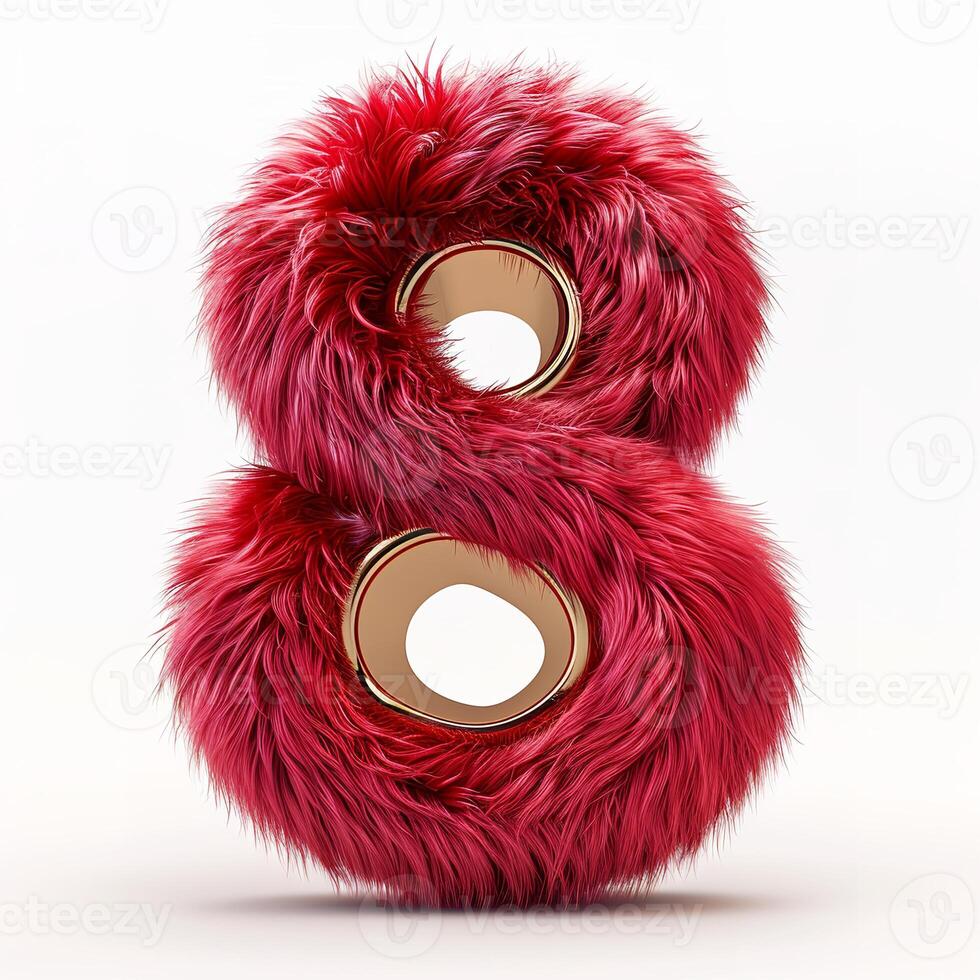 AI generated A unique depiction of the number 8, adorned with lush red fur and elegant golden circular centers against a pristine white background. photo