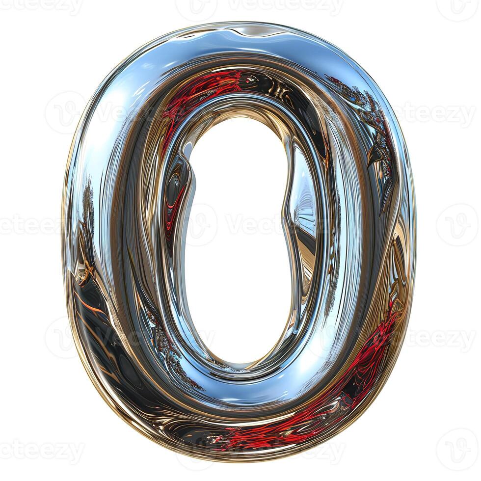AI generated A shiny metallic number zero with a highly reflective surface, casting intricate patterns, isolated on a white backdrop. photo