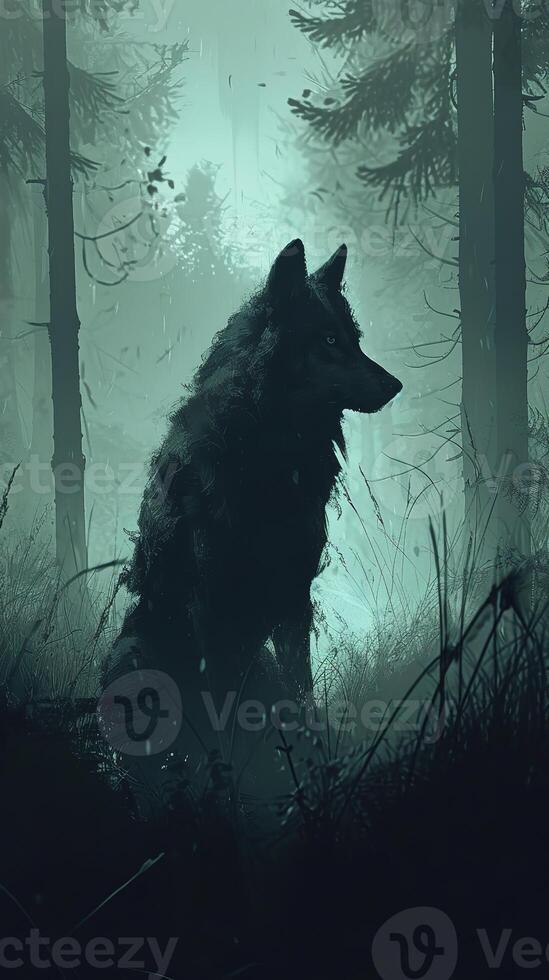 AI generated A lone wolf stands amidst a mystical, foggy forest, its silhouette contrasting against the ethereal light filtering through the dense trees. photo