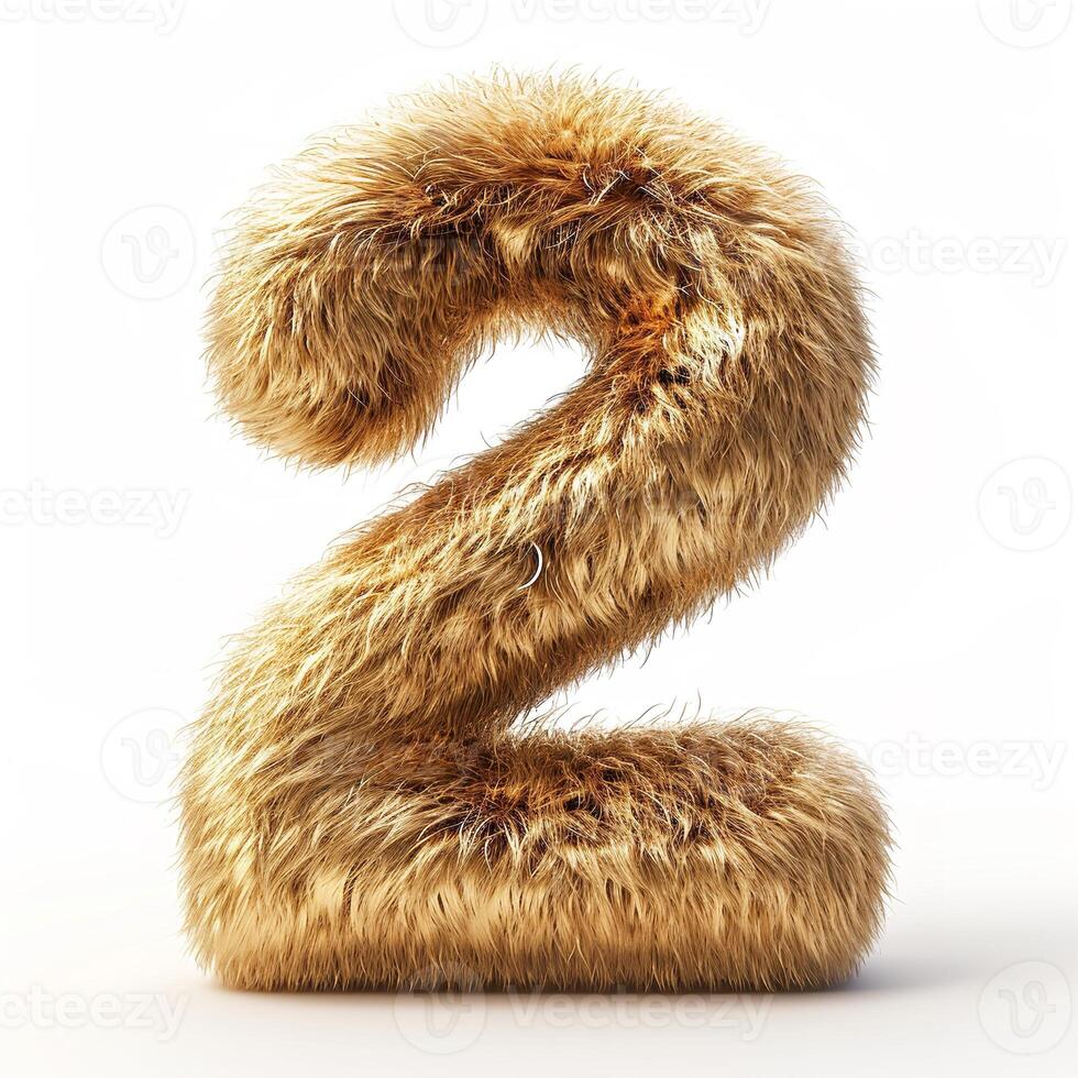 AI generated Unique image of a number two, covered in rich, golden fur against a pristine white backdrop. photo