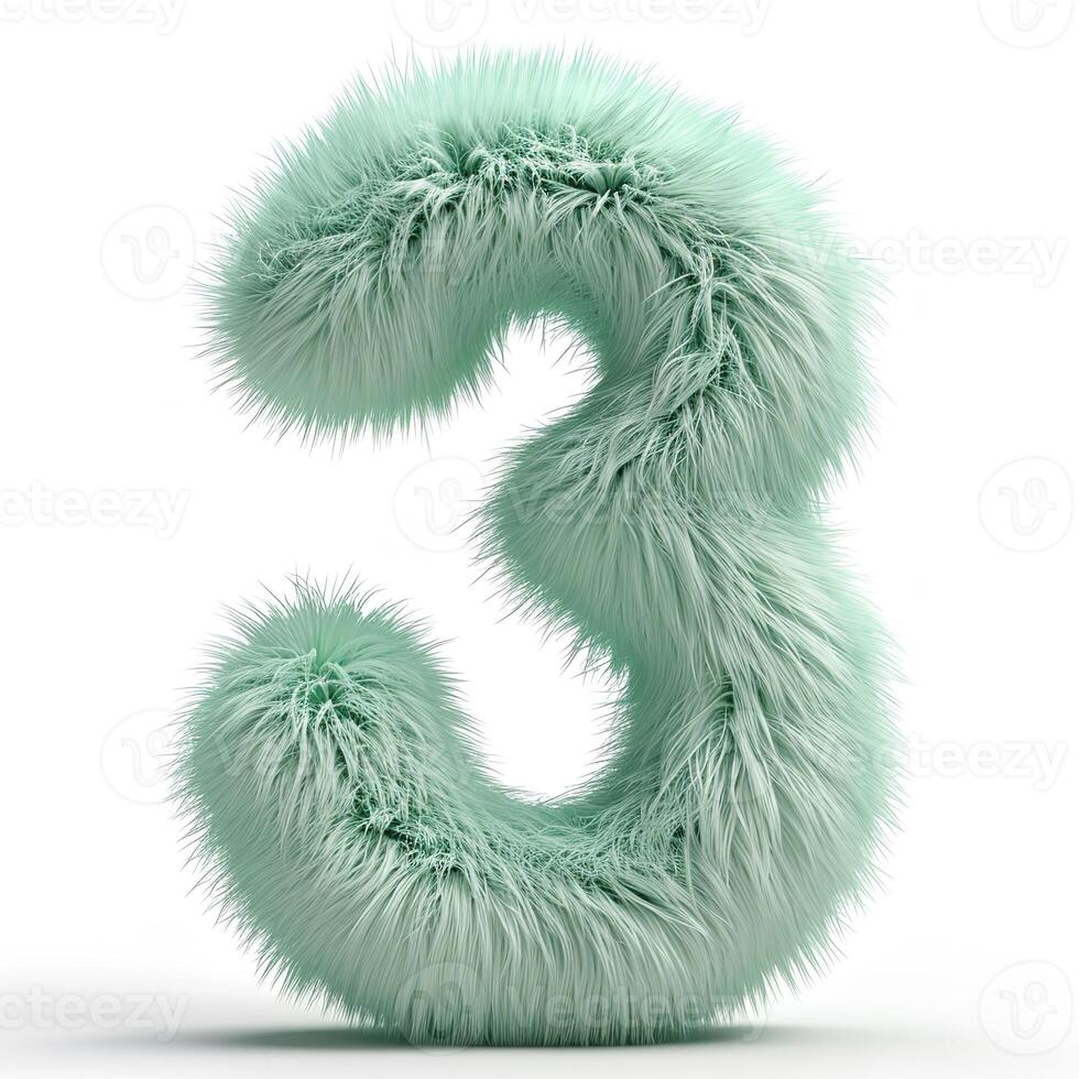 AI generated a furry green number three with a soft and fluffy texture. The fur appears to have varying shades of green that give it depth and dimension photo