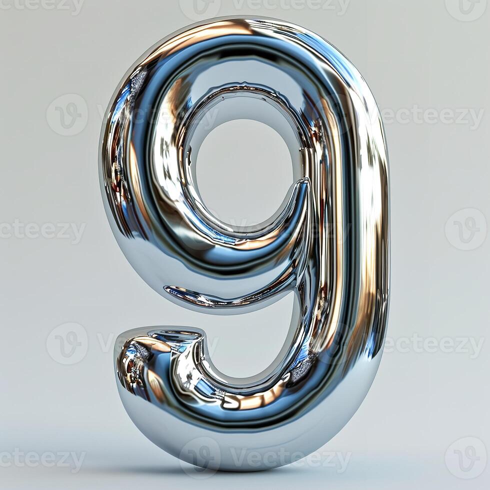 AI generated A stunning 3D rendered image showcasing a glossy, metallic number nine with a highly reflective surface, casting intricate light patterns. photo
