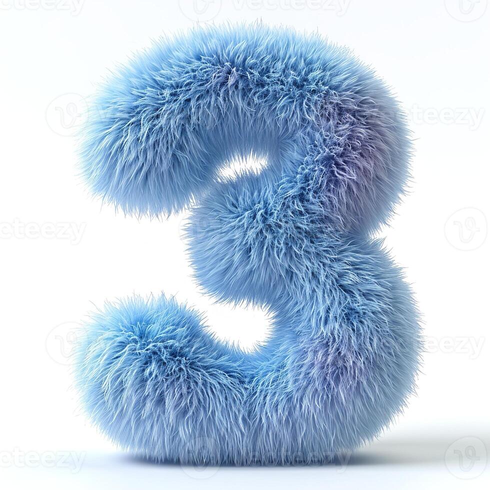 AI generated A vivid blue, fluffy textured number three displayed prominently against a clean, white backdrop. photo