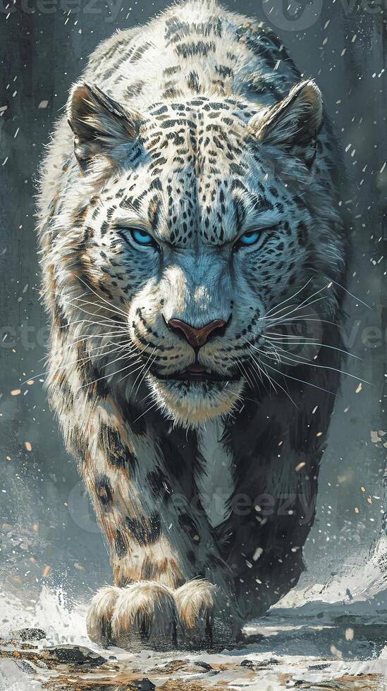 AI generated A majestic snow leopard with piercing blue eyes stands powerfully amidst a gentle snowfall, exuding strength and grace. photo