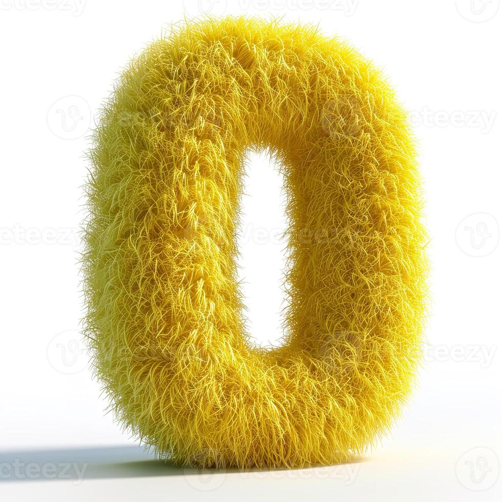 AI generated A vibrant, yellow, fuzzy-textured number zero stands out prominently against a clean, white background, showcasing intricate detail and bold color. photo