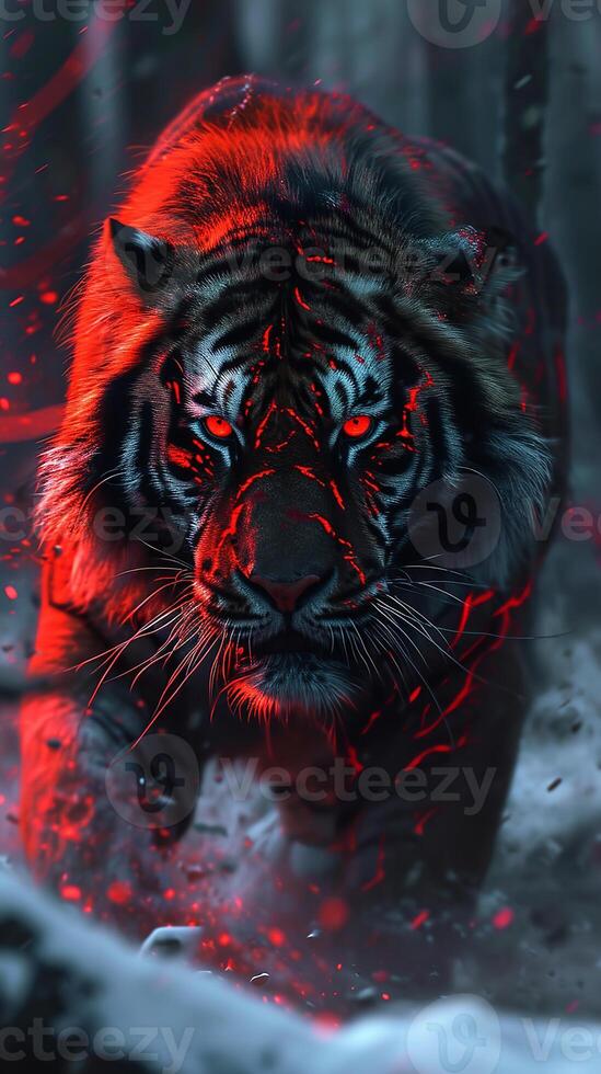 AI generated A powerful tiger with striking red highlights and an intense gaze emerges from a dark, mysterious forest. photo